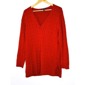 Lauren Ralph Lauren Womens 2X Red Cable‎ Knit V Neck Cotton Sweater Tunic